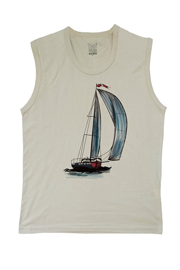 Men's Stone Color Sailboat Digital Printed Sleeveless T-shirt