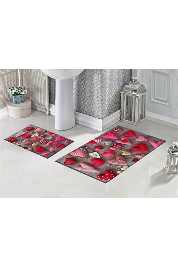 Wooden Floor And Fabric Hearts 3D Patterned Digital Printed Bath Mat
