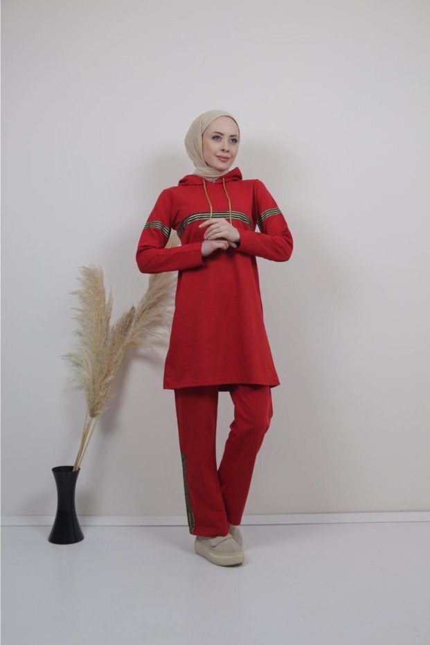 Women's Glitter Stripe Dark Red Hijab Tracksuit Set