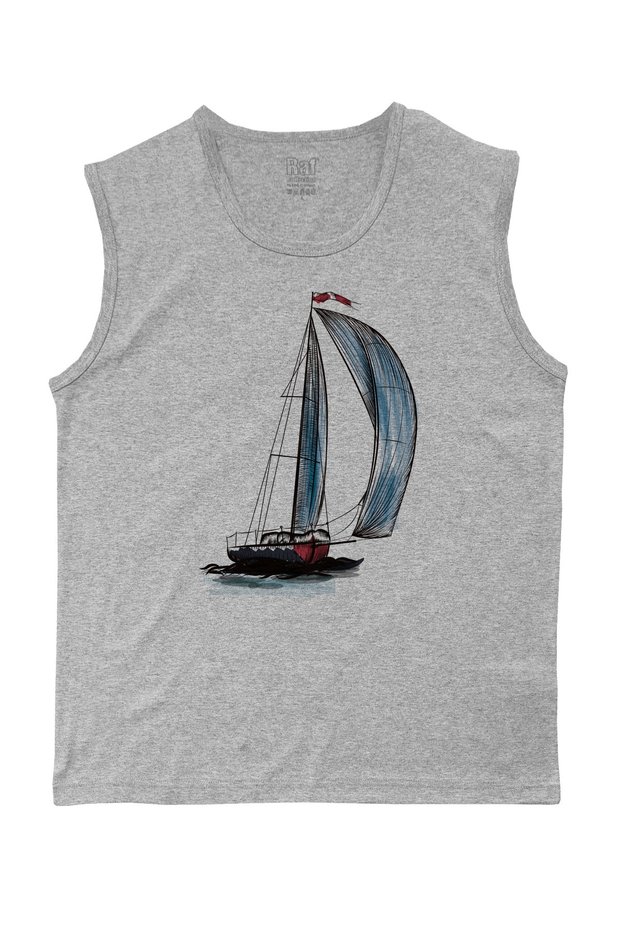 Men's Gray Melange Sailing Digital Printed Sleeveless T-shirt