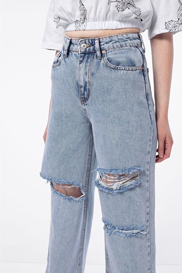 Yırtık S.o.l.m.a.z Mavi Kar Yıkama Süper Yüksek Bel Salaş Jean Pantolon. (süper Yüksek) Wide Leg - 3
