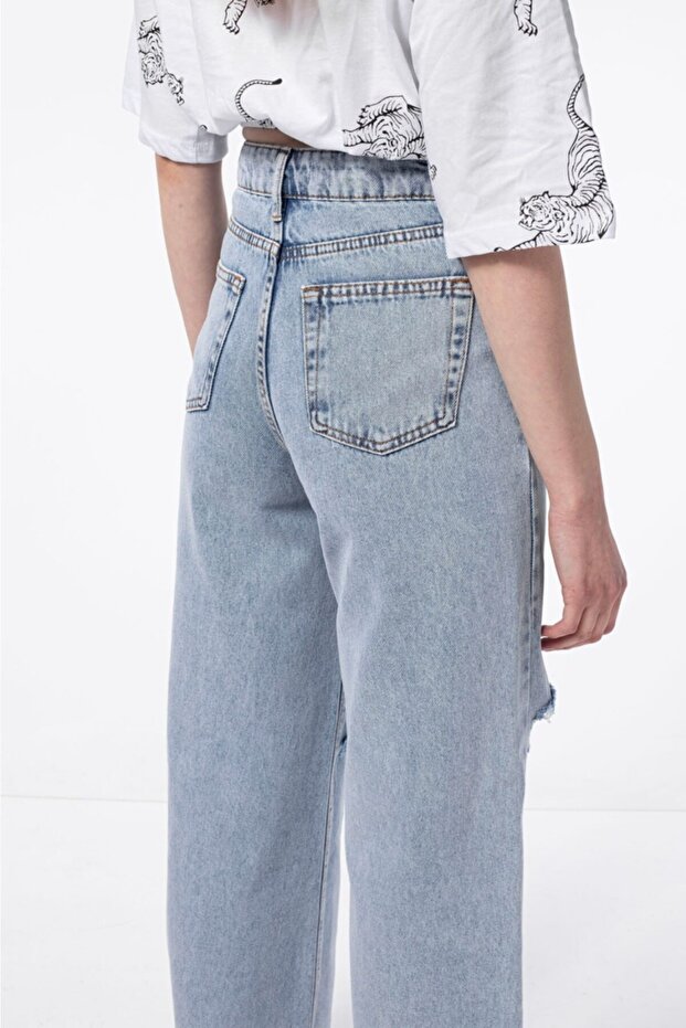 Yırtık S.o.l.m.a.z Mavi Kar Yıkama Süper Yüksek Bel Salaş Jean Pantolon. (süper Yüksek) Wide Leg - 4