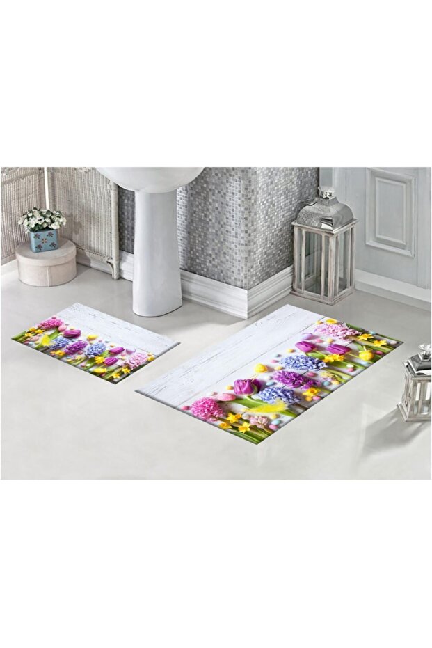 Wooden And Colorful Flowers 3D Patterned Digital Printed Bath Mat