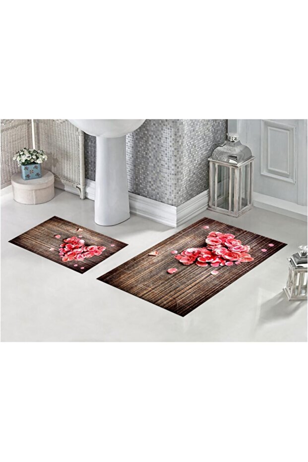 Flower Heart 3D Patterned Digital Printed Bath Mat on Wooden Floor