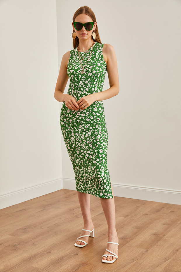 Kadın Çiçek Çimen Bisiklet Yaka Yırtmaçlı Örme Midi Elbise ELB-19002183 - 3