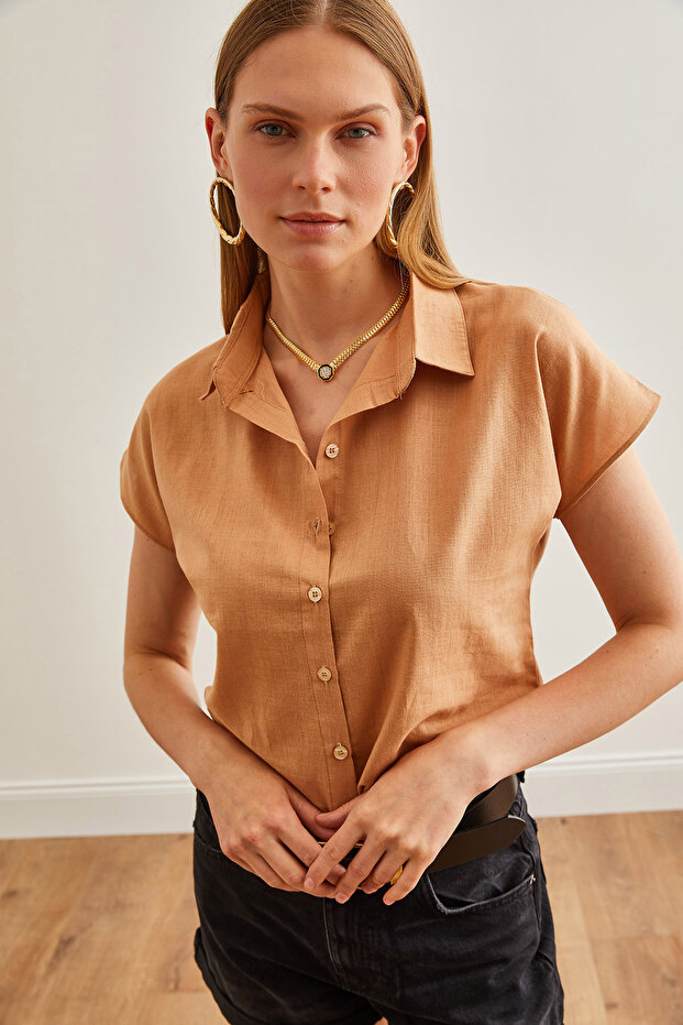 Women's Camel Bat Linen Shirt Gml- 19000831