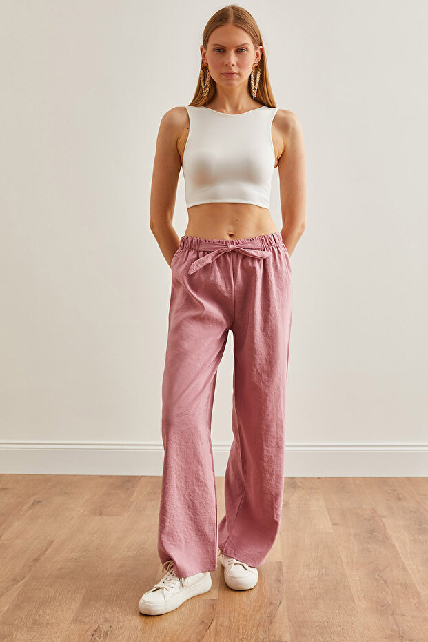 Women's Powder Belted Elastic Waist Palazzo Ayrobin Trousers Pnt- 19000200