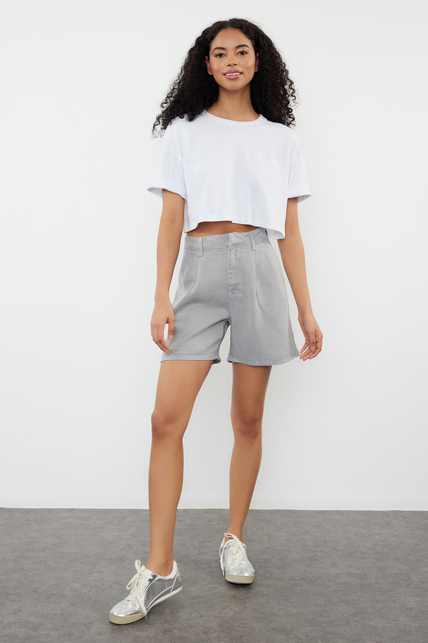 Gri %100 Tencel™ Pileli Denim Şort TWOSS24SR00077 - 1