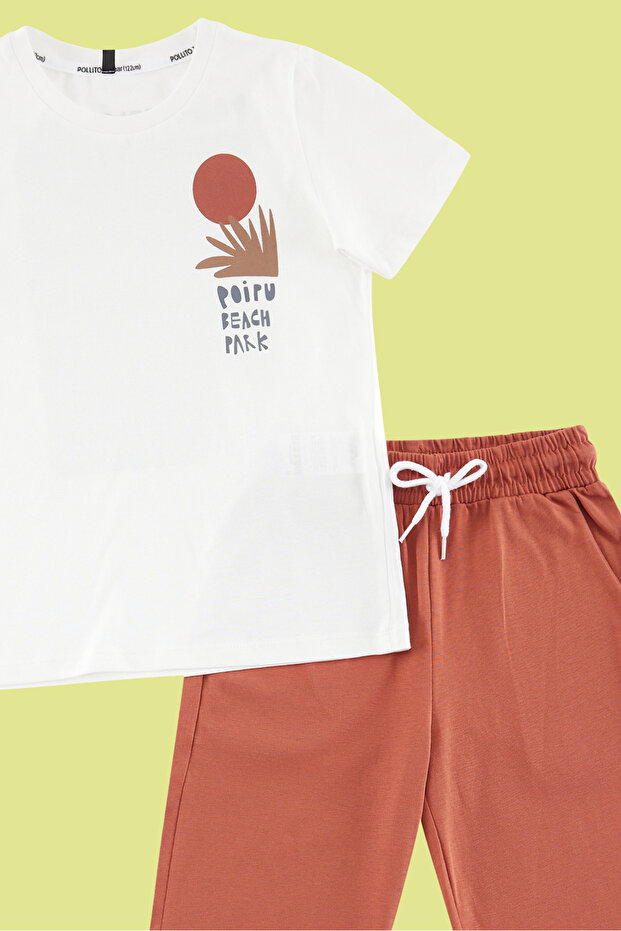 Kiremit Erkek Çocuk %100 Pamuk Sırt Baskılı Örme T-Shirt Şort Alt-Üst Takım TKDSS24AU00008 - 5