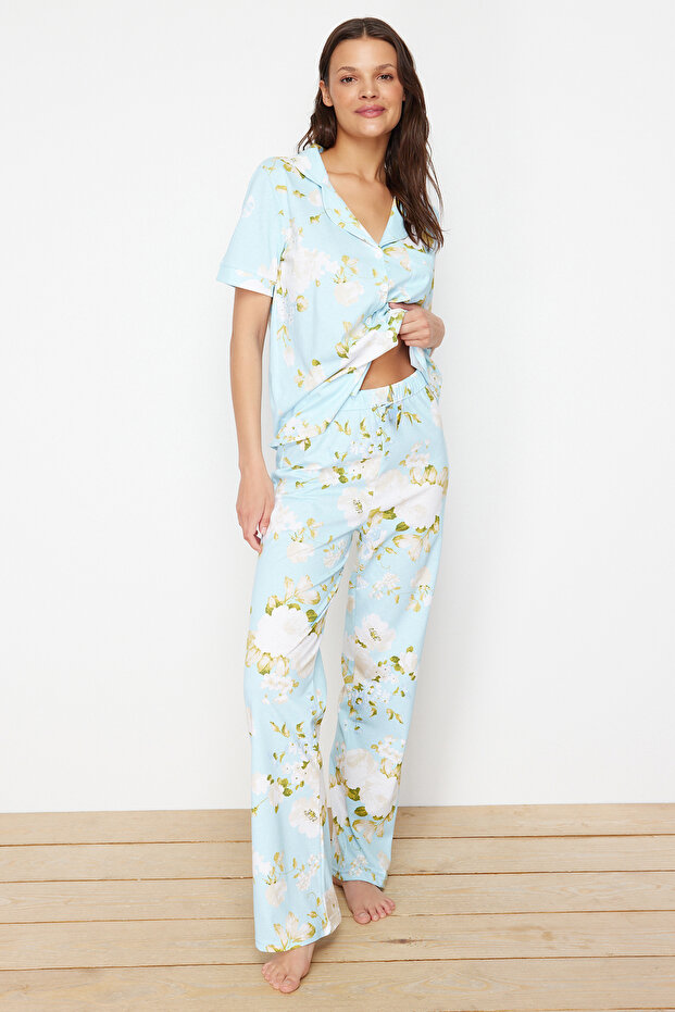 Niebieski 100% bawełniany dzianinowy komplet piżamowy z kwiatowym wzorem THMSS20PT0062 - 2