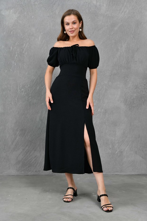 Black Summer Dress with Gipeli on the Back, Gathered Detail on the Chest, Slit, Midi Length, Short Sleeves 104