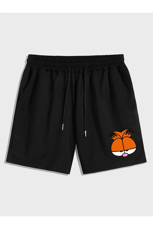 Saturn Baskılı Siyah Tekli Cepli Kadın/Erkek Unisex Şort - 1