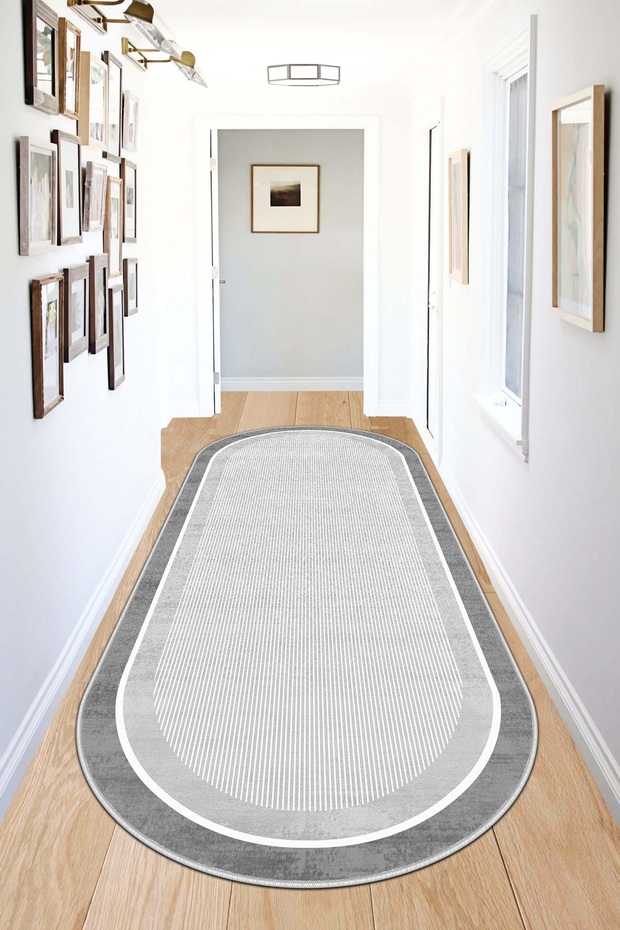 Machine Washable Non-Slip Base Stain Resistant Oval Runner Gray Cutting Runner for Home Decoration