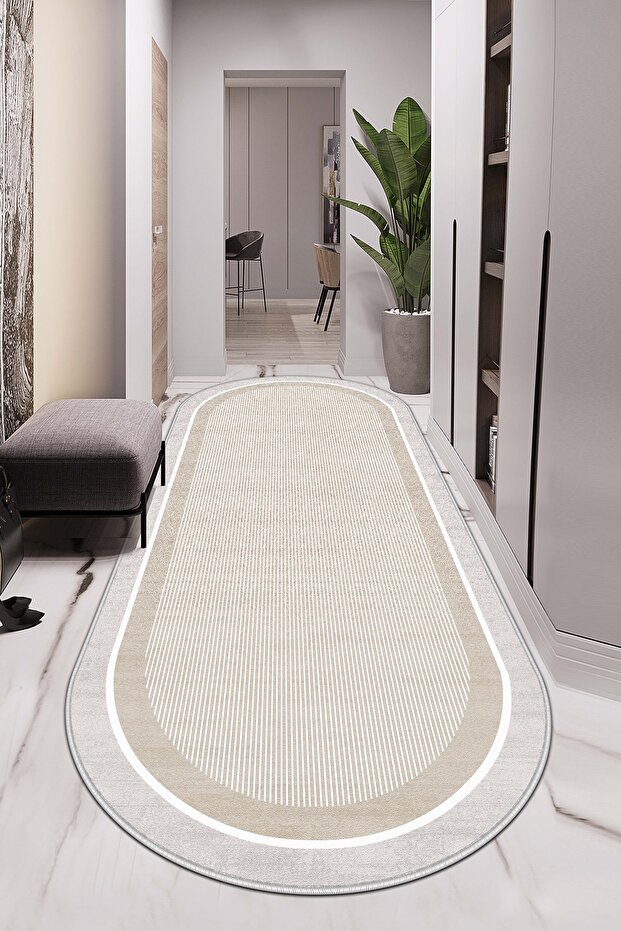 Machine Washable Non-Slip Base Stain Resistant Oval Runner Beige Cutting Runner for Home Decoration