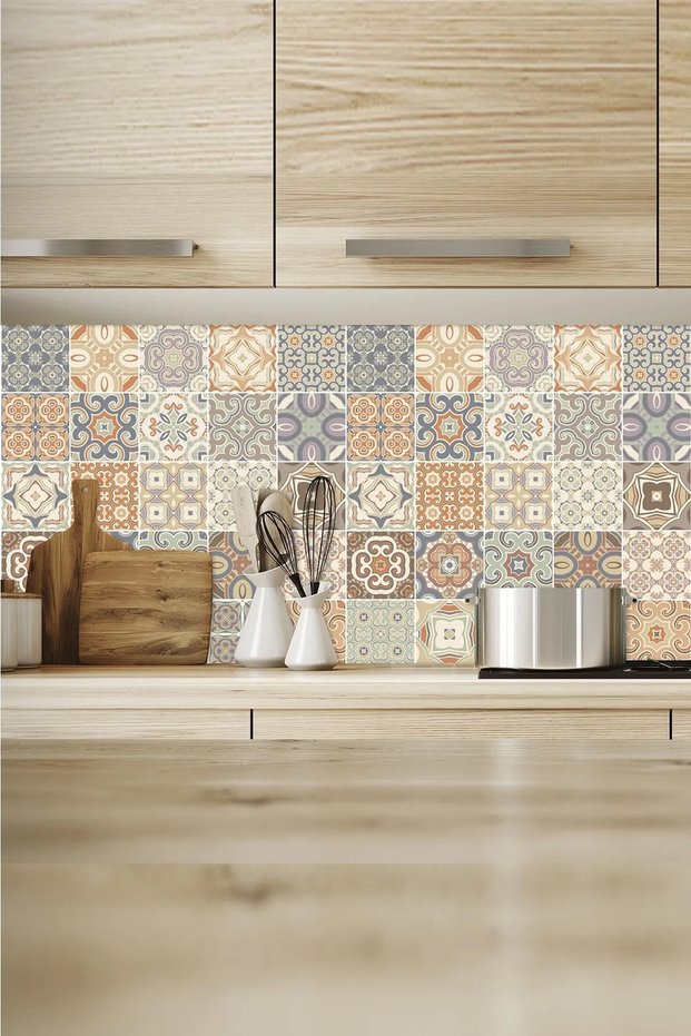 Kitchen Countertop Tile Foil Coating Ethnic Pattern