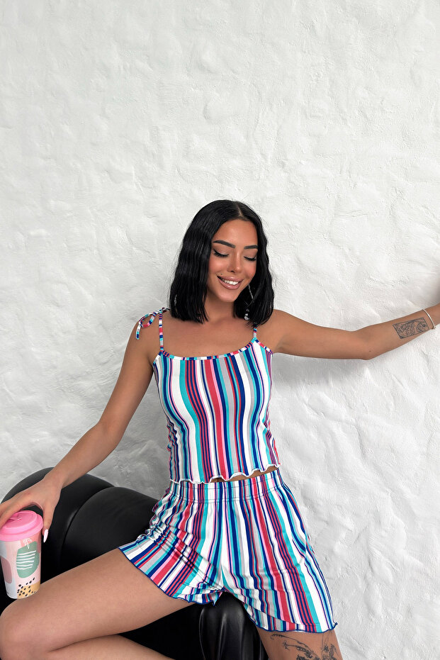 Women's Blue Striped Soft Lace-Up Detailed Short Pajama Set