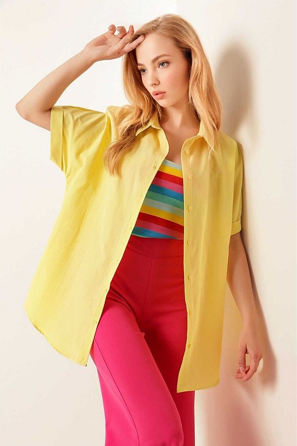Kadın Sarı Oversize Uzun Kısa Kollu Basic Poplin Gömlek Hzl22s-bd1201201 - 4