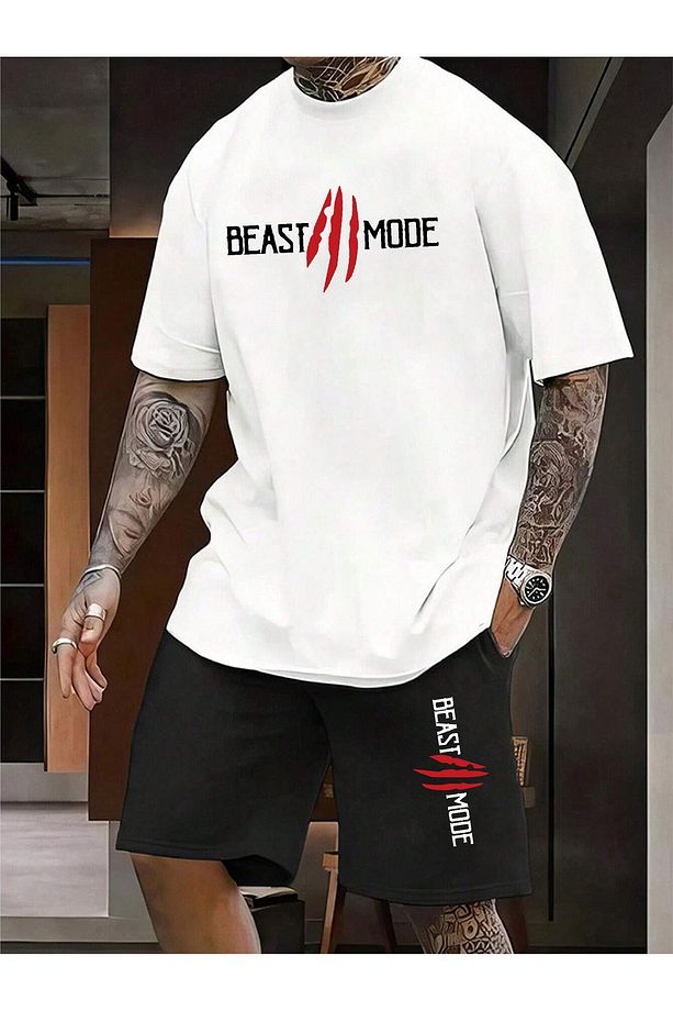 Siyah Erkek Oversize Basic Beast Moda Baskılı Pamuklu  Beast Mode Tişört ve Şort Takımı - 1