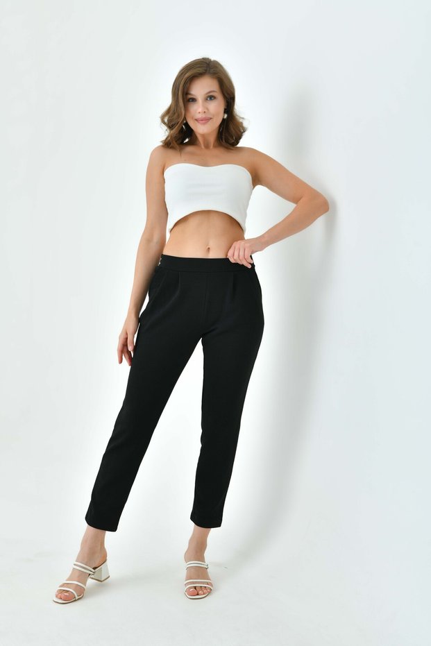 Women's Trousers - Back Elastic Waist - Front Straight Belt - Comfortable Fit Lycra Stretchy Crepe Fabric