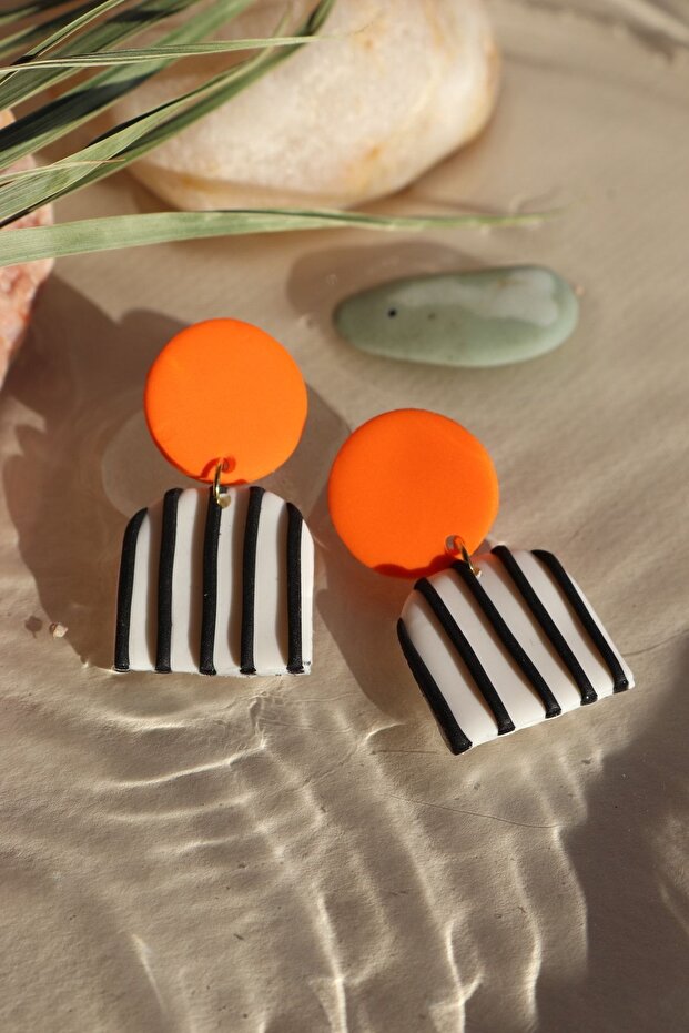Polymer Clay Special Design Handmade Orange Black Striped Earrings