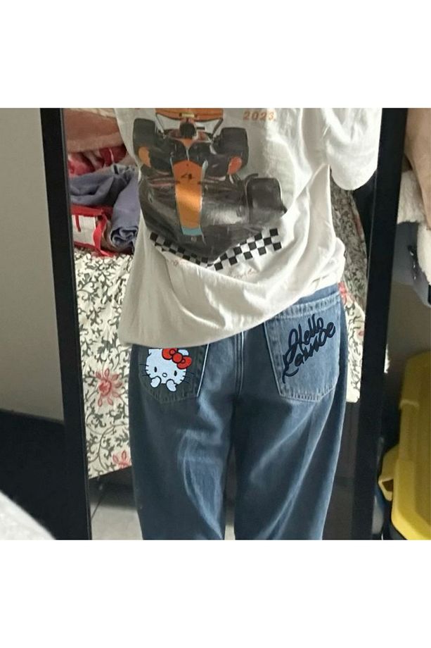 Y2k Hello Kitty Detail Kot Mavi Pantolon - 3