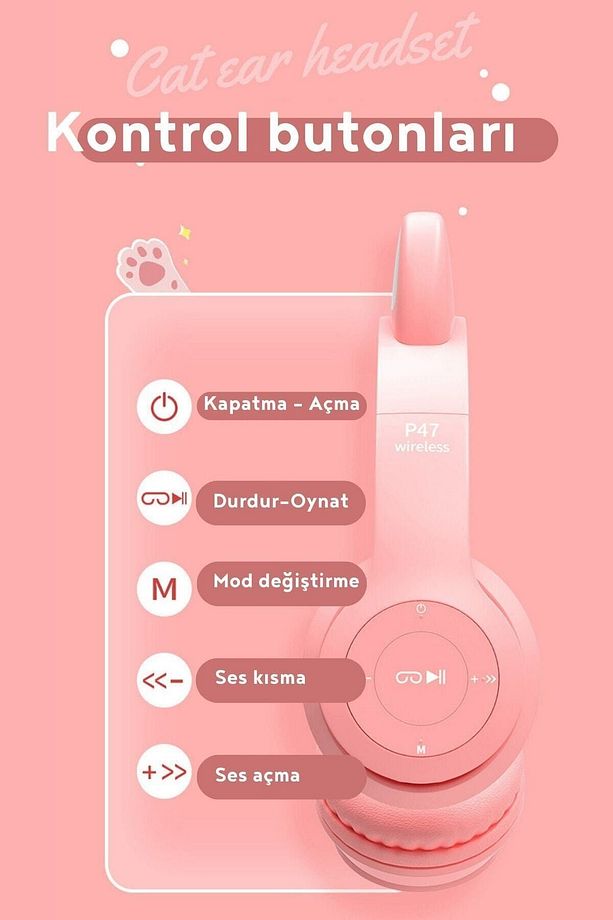 P47 Bluetooth Kedi Kulaklık Led Işıklı Katlanabilir Mikrofonlu Siyah - 3