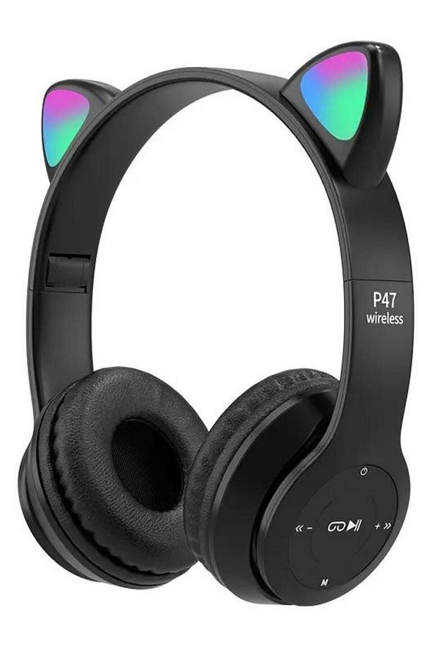 P47 Bluetooth Kedi Kulaklık Led Işıklı Katlanabilir Mikrofonlu Siyah - 1