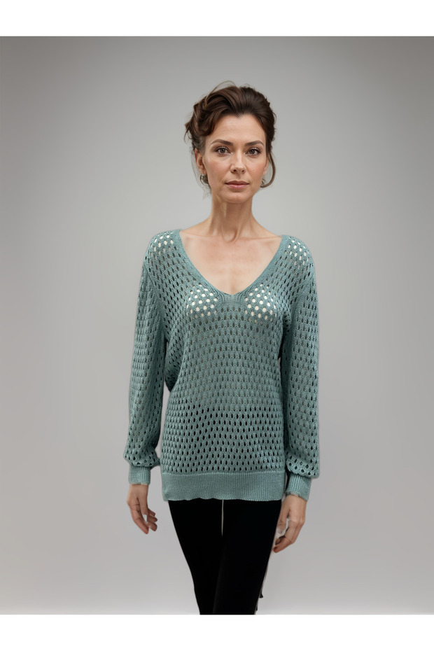 100% Cotton Mesh Detailed V-Neck Knitwear Sweater