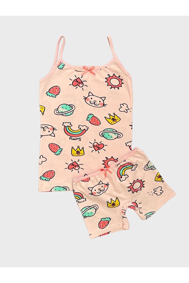 Girls' Cotton Pink Tank Top and Boxer Tank top with Strawberry Heart and Cat Patterned