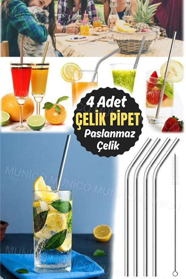 4+1 Yeniden Kullanılabilir pipet Paslanmaz Çelik Pipetler Uzun Kısa Metal Pipetler Bar Partisi Pipet - 4