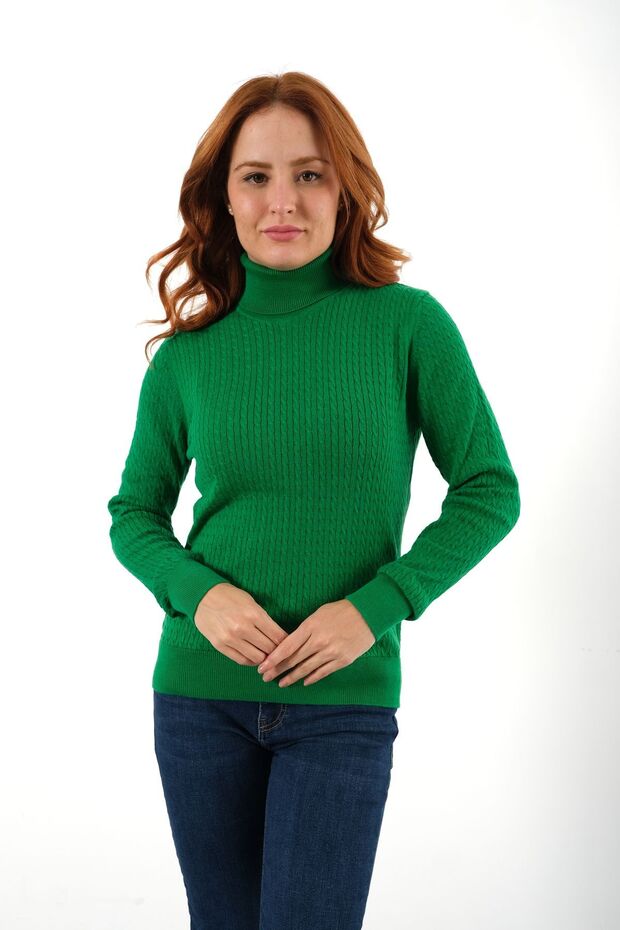 Green 100% Organic Cotton Turtleneck Hair Braided Knitwear Sweater Knitted Blouse Trıst-6156