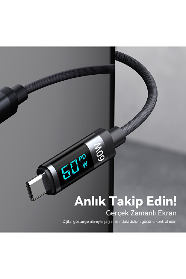 BX06CC Type-C to Type-C 60W Örgülü LED Dijital Ekranlı Şarj ve Data Kablosu 1 Metre - 5
