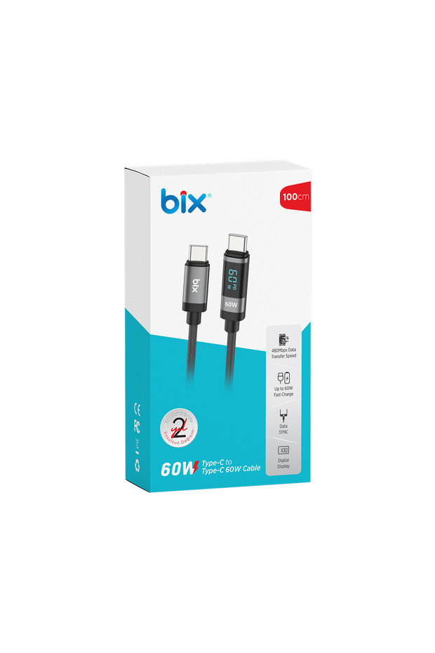 BX06CC Type-C to Type-C 60W Örgülü LED Dijital Ekranlı Şarj ve Data Kablosu 1 Metre - 6