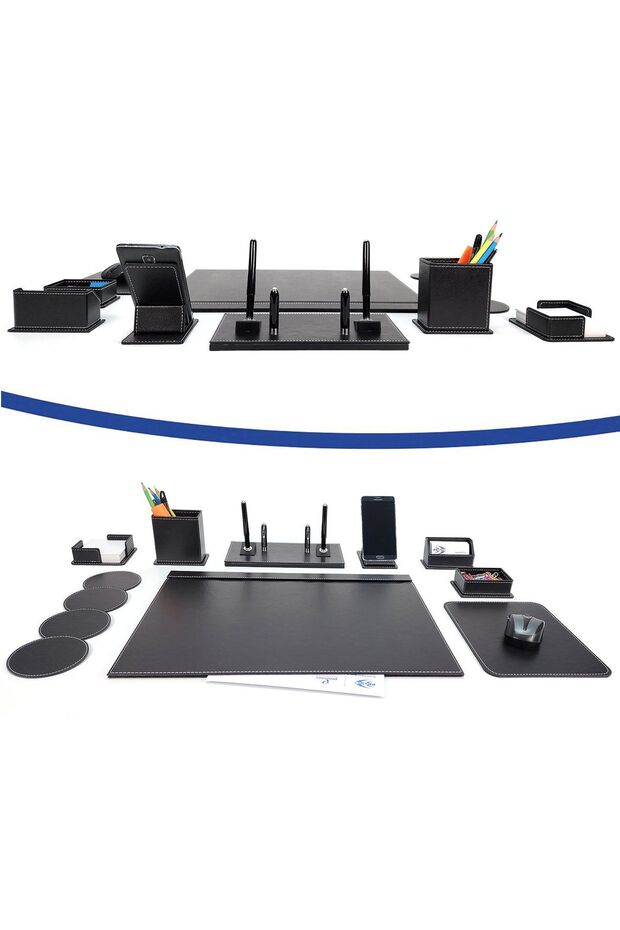 Pr609 Double Pen Black Color Leather Desk Mat Set 9 Pieces
