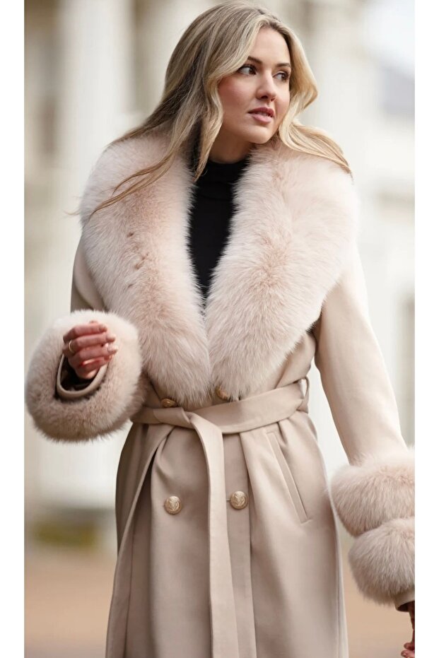 Bej Kaşmir Kürklü Kaban - 5