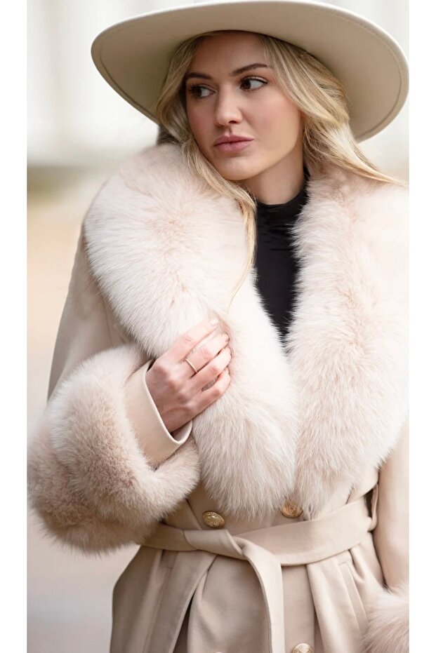 Bej Kaşmir Kürklü Kaban - 6