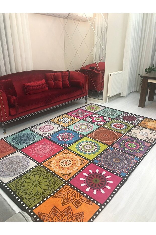 Patchwork Model Lastikli Halı Örtüsü Kadife - 1