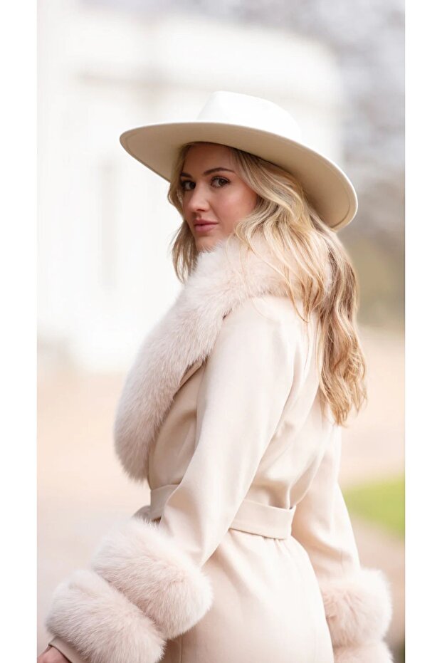 Bej Kaşmir Kürklü Kaban - 8