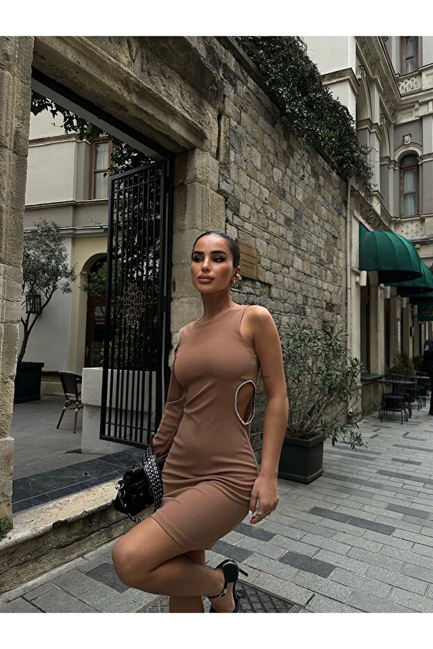 Taş Şeritli Tek Kol Elbise - 3