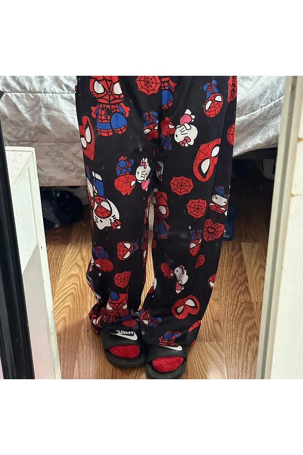 Siyah Hello Kitty Örümcek Adamörümcek Adam Detaylı Unisex Eşofman Altı - 1
