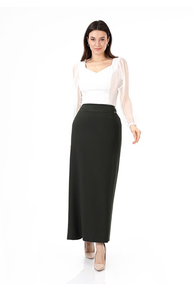 Maxi Length Khaki Classic Skirt with Back Zipper and Slit