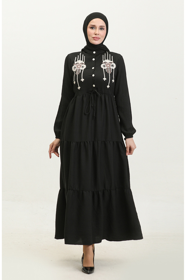 Black Embroidered Drawstring Belted Dress - 0382-04