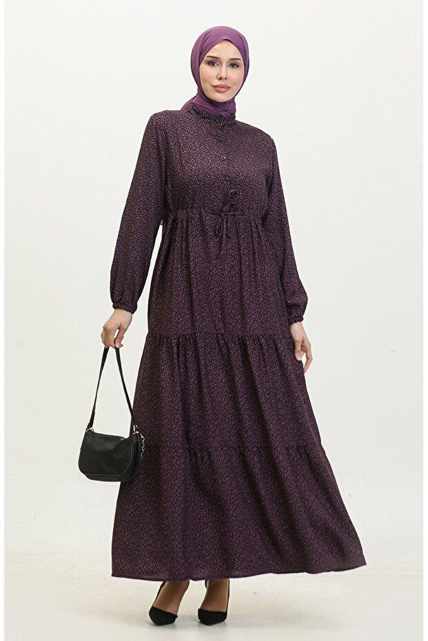 Gathered Waist Viscose Dress 0374-04 Purple