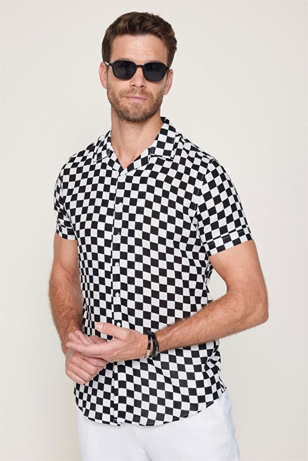 Men's Viscose Sports Shirt - Slim Fit, Short Sleeve, Apache Collar