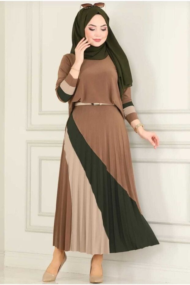 Wonderful Sandy Stripe Detailed Hijab Skirt Set