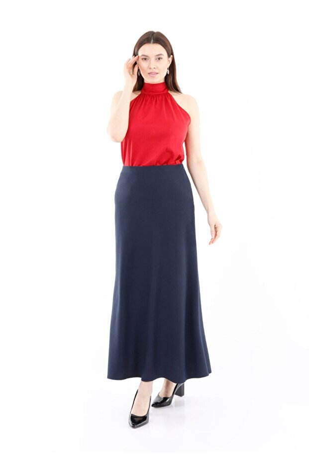 Maxi Length Navy Blue A-Line Zippered Lined Classic Skirt