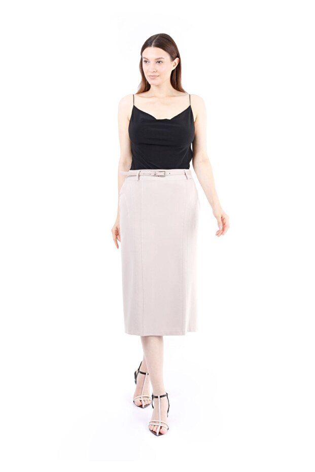 Classic Stone Color Knee-Length Belted Back Zippered Slit Pencil Skirt