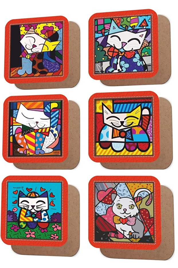 Cute Cats Picasso Plus Themed Set of 6 Retro Wooden Coasters