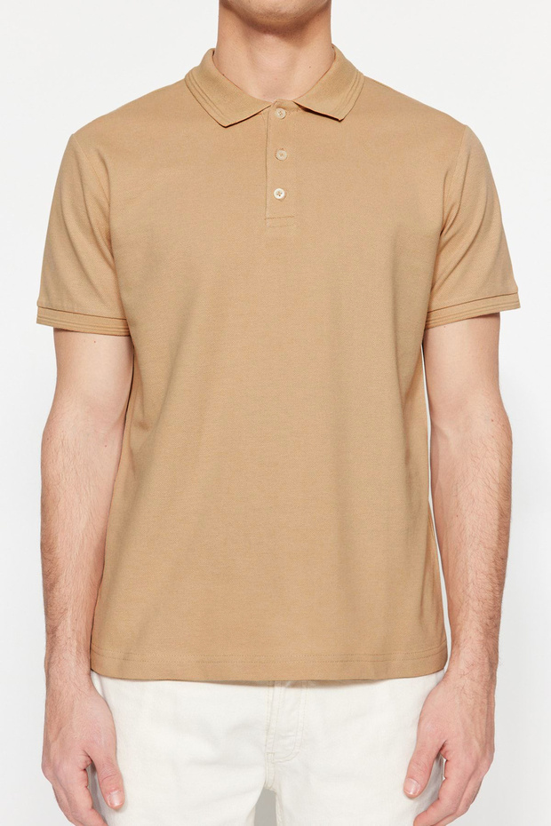 Beżowa, prążkowana, dopasowana koszulka polo z kołnierzykiem - 100% bawełny Tmnss20Po0009 - 2