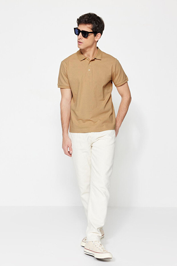 Beżowa, prążkowana, dopasowana koszulka polo z kołnierzykiem - 100% bawełny Tmnss20Po0009 - 6